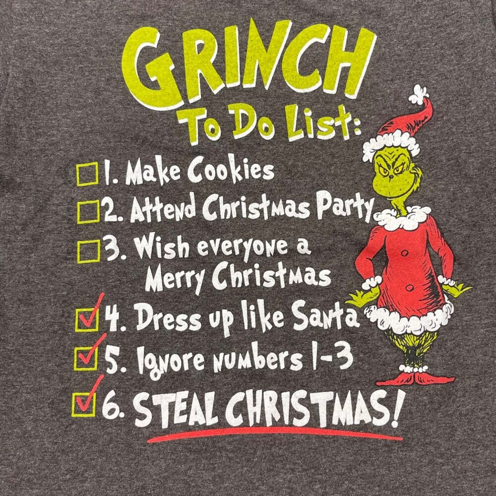 Dr. Suess Youth XS Gray Grinch To Do List TShirt Christmas Graphic Print Holiday